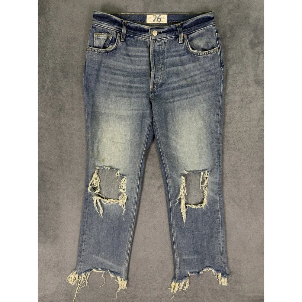 We The Free Jeans Womens 26 Blue High Rise Straight Fringe Button Fly Distressed